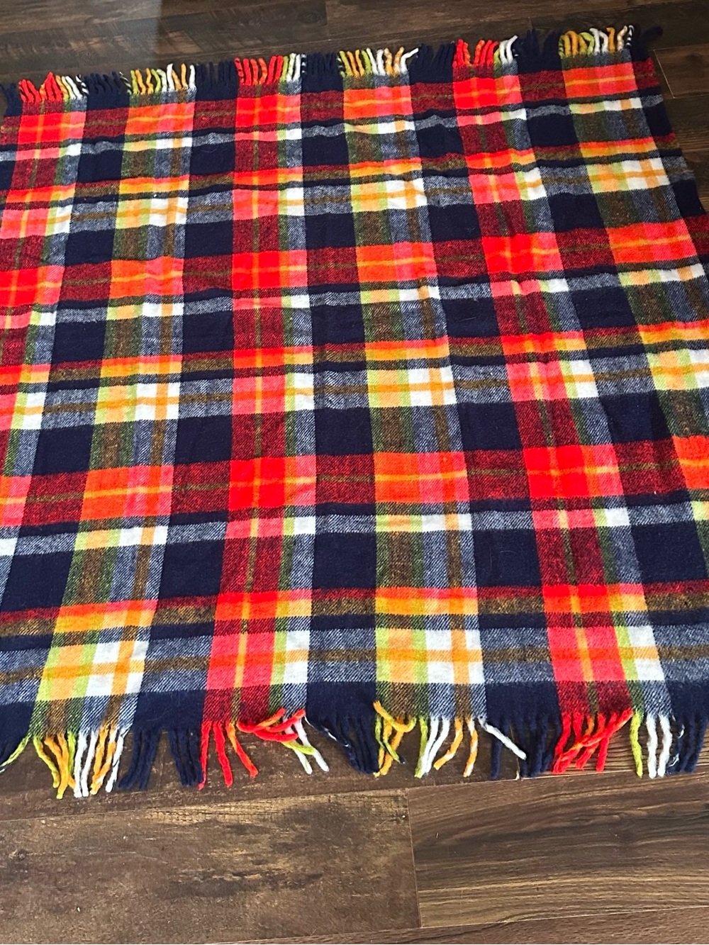 1970's Vintage Lebanon Mills Stadium Blanket Blue Red Plaid Fringe 55”x61” USA